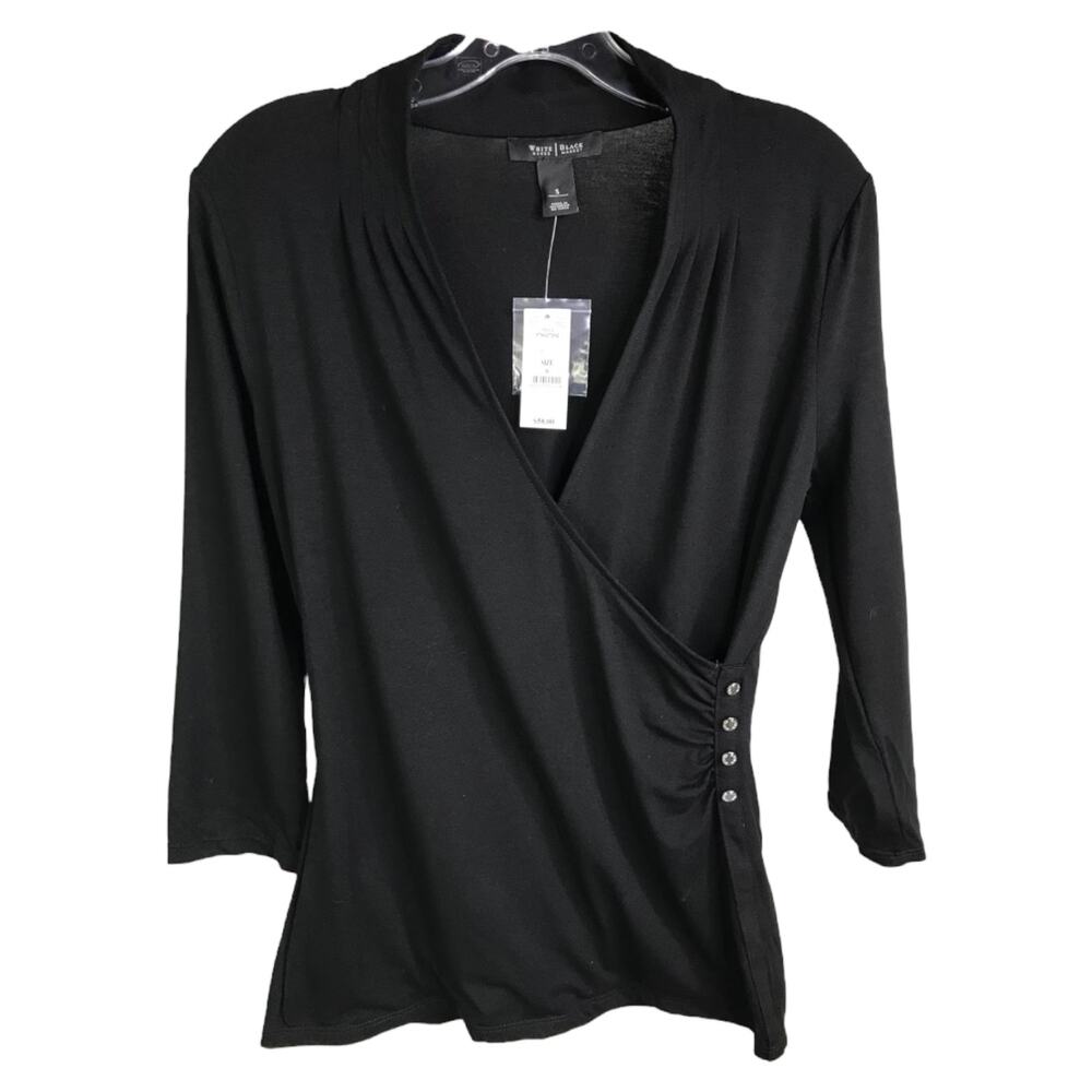White House Black Market Blouse Womens S Black Y2K Career Evening V Neck NWT $58